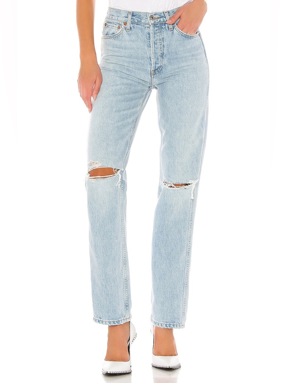 Agolde Light Wash Distressed Straight-Leg Jeans
